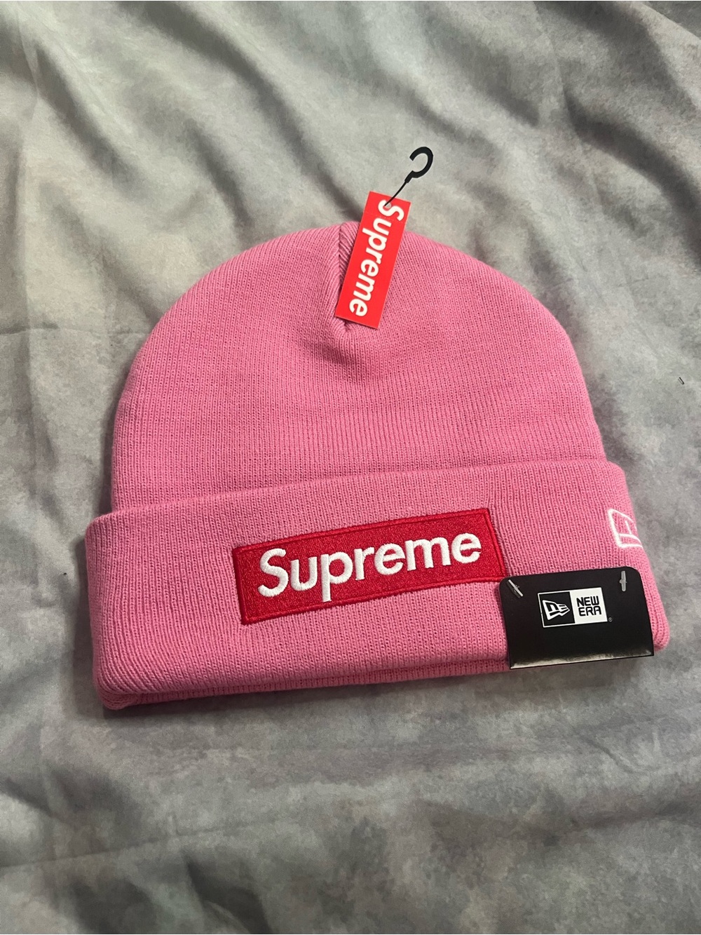 Supreme Pink Knit Beanie with Red Box Logo